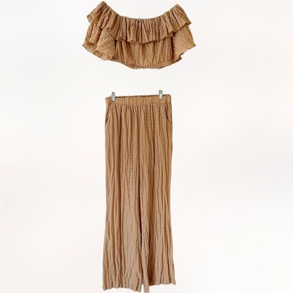 SHEIN Tan Pants and Off Shoulder Crop Top Set Size Large - Picture 2 of 14
